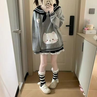 Women's Clothing Japanese Sweatshirts Cute Cat Sailor Collar Loose Hoodies Cotton Thicked Fashion Casual Hoodie