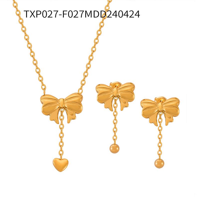 Heart-shaped Tassel Bow Necklace & Titanium Steel Earring Set