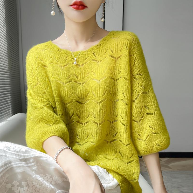 Women's Cashmere Round Neck Crochet Knit Sweater - Loose, Short-Sleeve, Hollow Design.