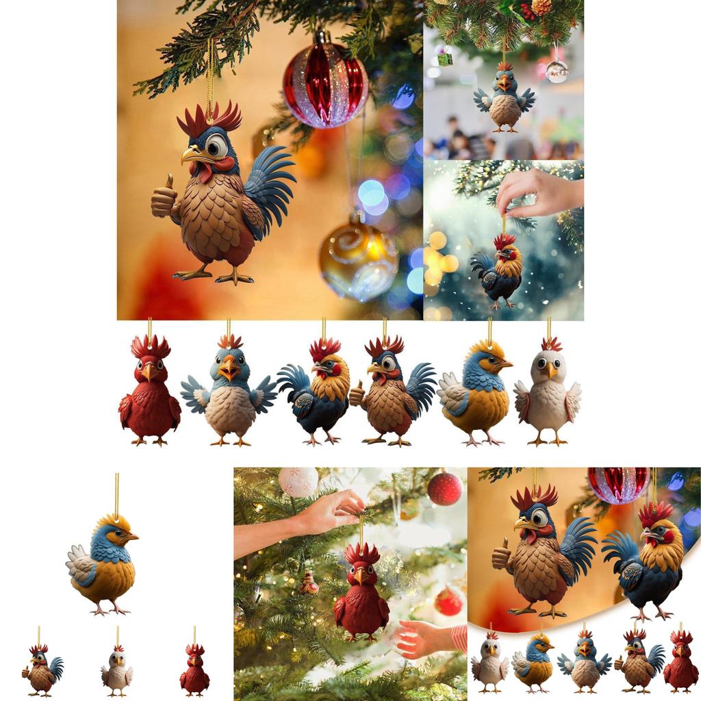 Adorable Acrylic Christmas Cartoon Chicken Car Pendant For Festive Holiday Decor