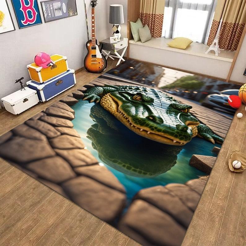 3D Crocodile Illusion Floor Mat, Realistic Embossed Reptile Skin Rug, Non-Slip Modern Living Room Carpet, Polyester Home Decor
