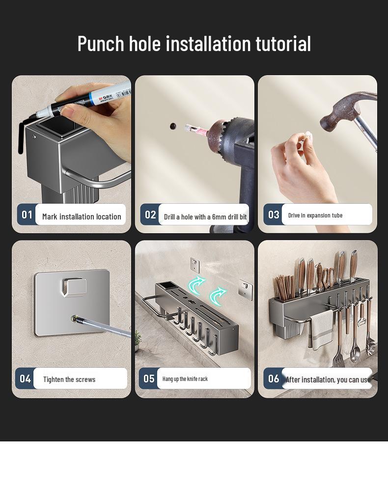 Wall-Mounted Knife & Utensil Holder with Punch-Free Multi-Functional Storage Rack