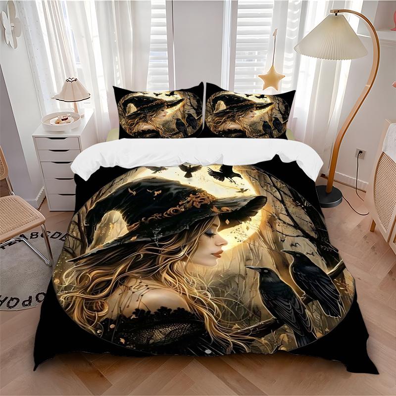3pcs Witch's Moonlit Journey Bedding Set - Includes Quilt Cover and Pillowcases, Suitable for All Seasons,