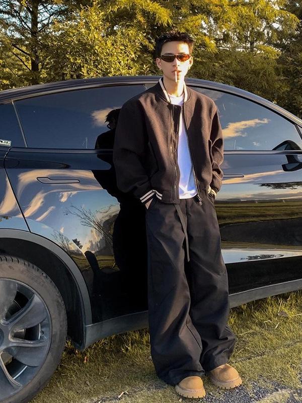 Men's Gray Woolen Bomber Jacket - Retro Baseball Style for Spring and Autumn