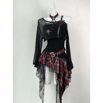 Millennial Y2K Black Irregular Dress Set: Sweet & Spicy Niche Design, Waist-Cinching, Slimming Two-Piece