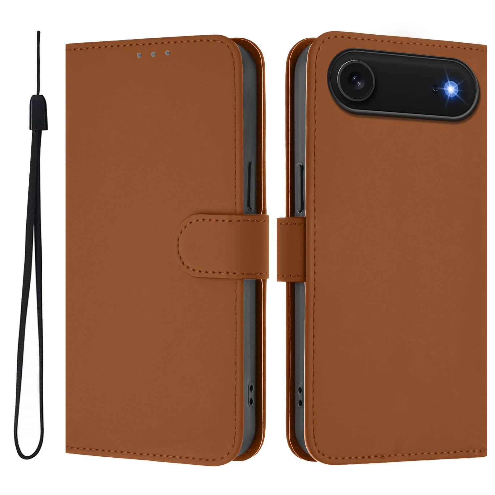 

For iPhone 17 Air Case Solid Color Wallet Leather Phone Cover with Strap Brown