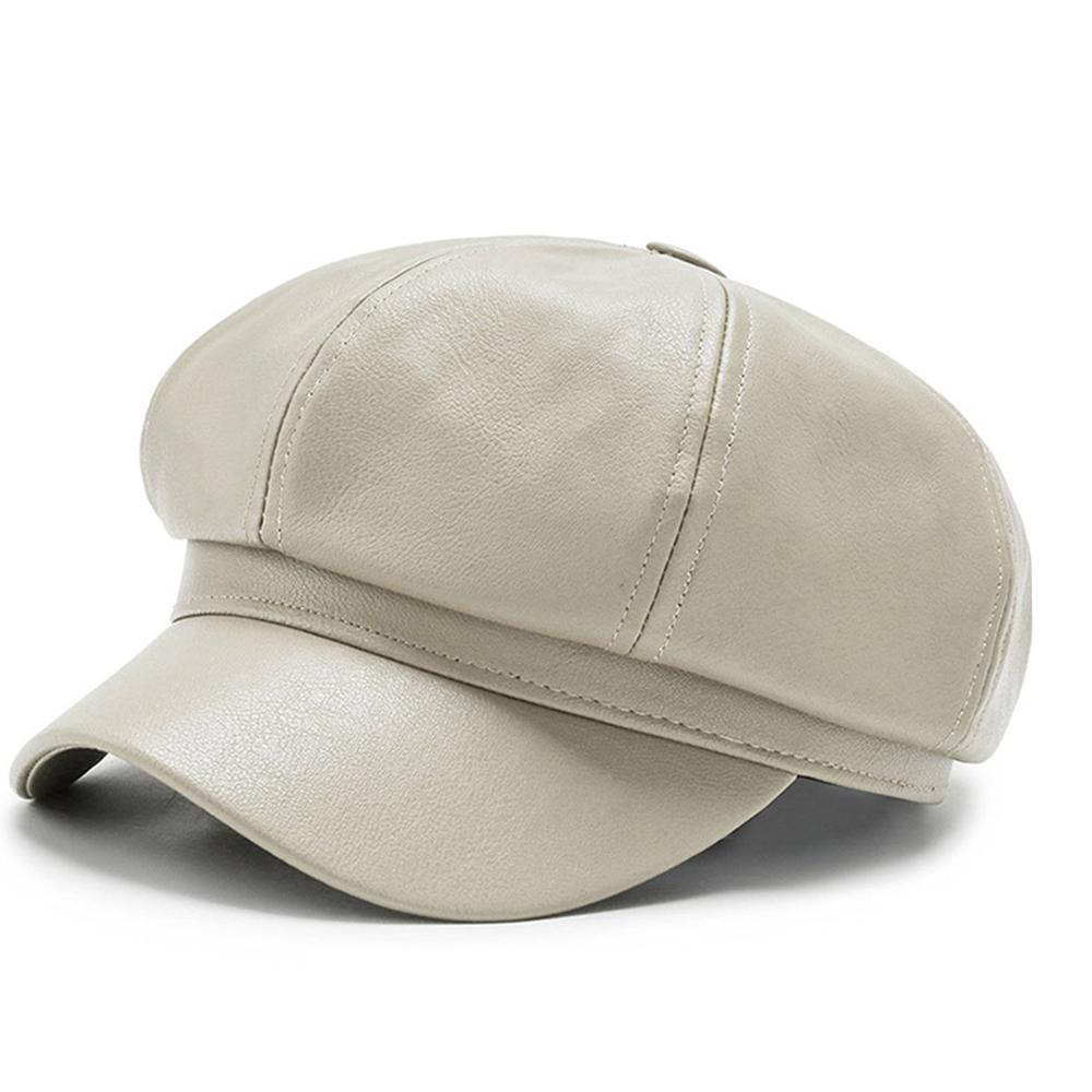 1pc Retro Fashion Women's Pu Leather Octagonal Hat Versatile Autumn And Winter Temperament Big Head Circumference Beret