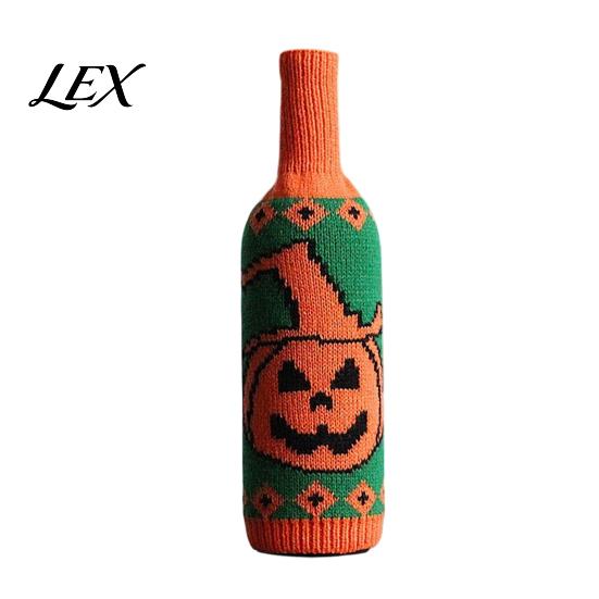 Spooky Party Table Decorations Halloween Wine Bottle Sweater, Reusable Knitted Champagne Cover, Pumpkin Skull Cover Spider Pattern Sleeve Decoration