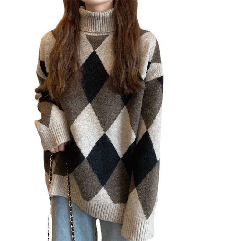 2023 Korean Retro Diamond Plaid Color Block Thick Warm Loose High Neck Sweater for Women