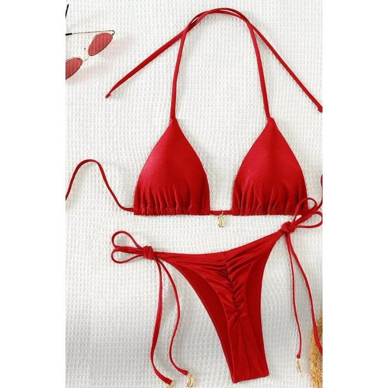 Sexy Pure Color Bikini Set with Strap Ne Hanging Pad Metal Bule Two-Piece Swimsuit Triangular Design Polyester Nylon Mate...