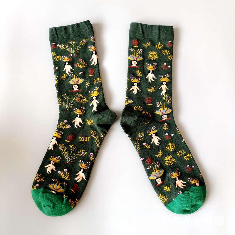 Șosete la modă cu pictură în ulei franceză: Șosete de vițel colorate, cu tub mediu-înalt, de nișă, la modă pentru femei