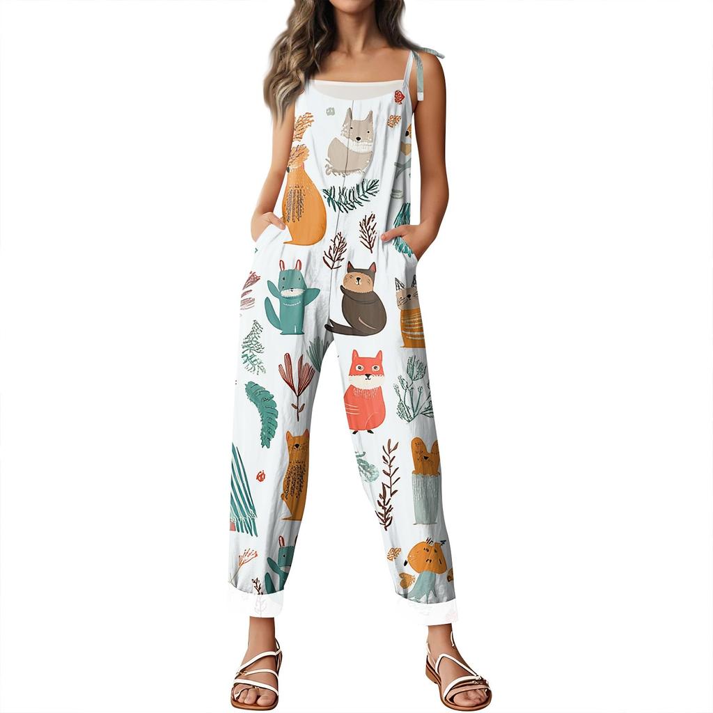 Kombinezon damski z nadrukiem świątecznym, swobodny, luźny, vintage, na ramiączkach, bawełniany, lniany