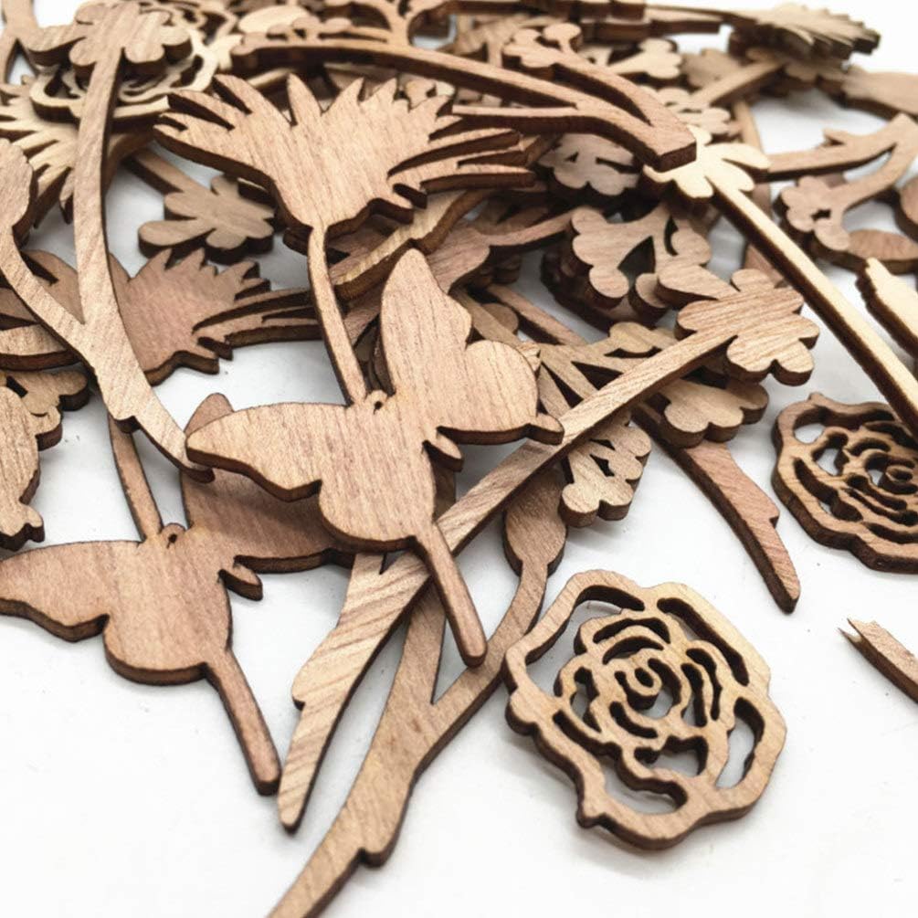 Amosfun 30pcs Laser Cut Wood Embellishment Hollow Out Wooden Rose Flower Shape Wood Discs Unfinished Wood Cutout for Arts Crafts DIY Decoration