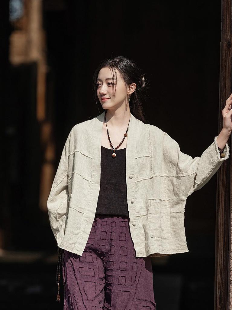 Vintage Frog Button Cotton Linen Retro Cardigan for Women