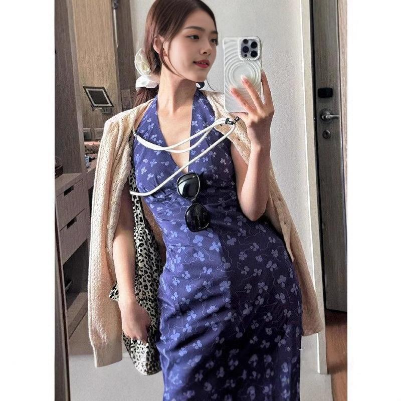 French blue v-neck neck dress women's summer vacation style waist halter hip skirt slim floral suspender skirt