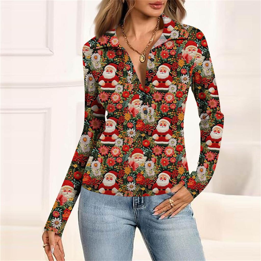Damenmode Lässig Bedrucktes V-Ausschnitt Langarm Knopfleiste Oberteil