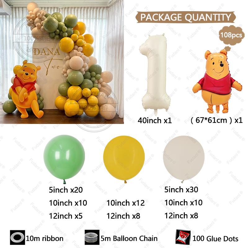 108pcs Winnie The Pooh Theme Birthday Party Balloon Set Pooh Aluminum Foil Balloon for Kids Baby Shower Decoration Supplies Gift
