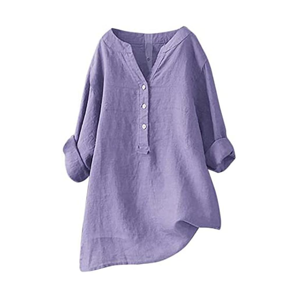 Women's Solid Color Long Sleeve Shirt with Stand Up Collar Casual Loose Blouse Button Down Tops
