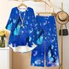 Women's 2‑Piece Outfit, Brush Gradient 3/4 Sleeve Irregular Hem Top & Wide Leg Pants Set, Casual Loose Matching Suit