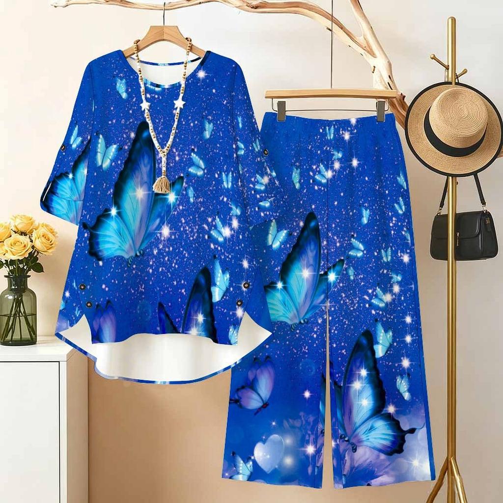 Women's 2‑Piece Outfit, Brush Gradient 3/4 Sleeve Irregular Hem Top & Wide Leg Pants Set, Casual Loose Matching Suit