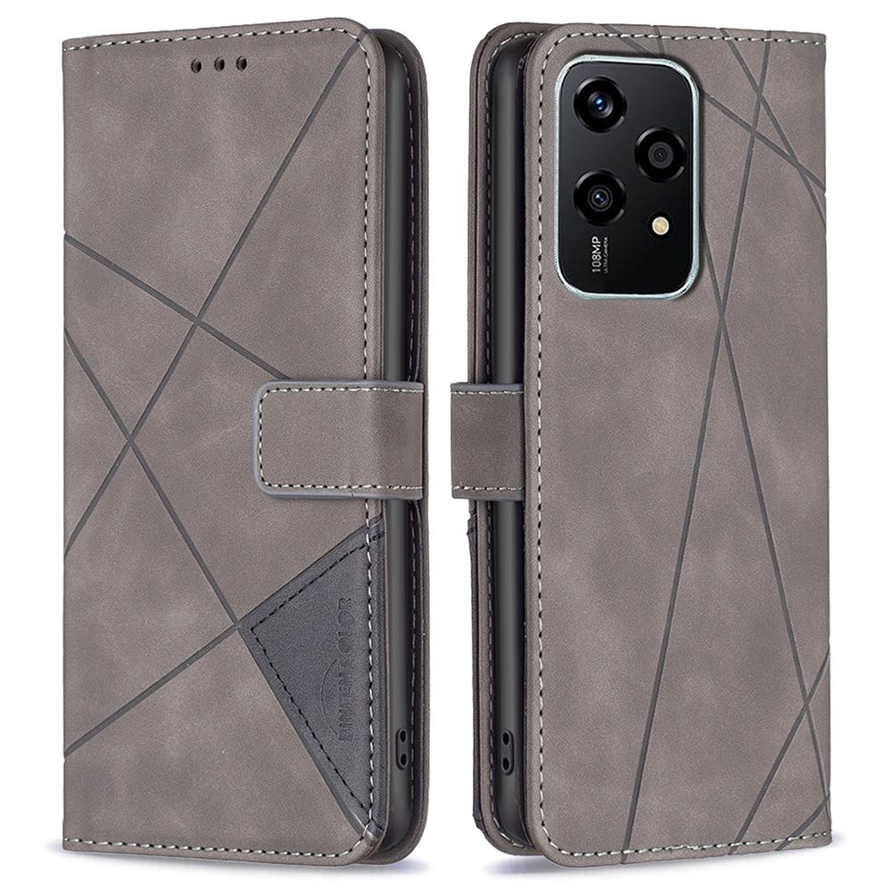 

BINFEN COLOR For Honor 200 Lite Phone Cases Wallet Stand Geometry Imprinted Leather Cover Grey