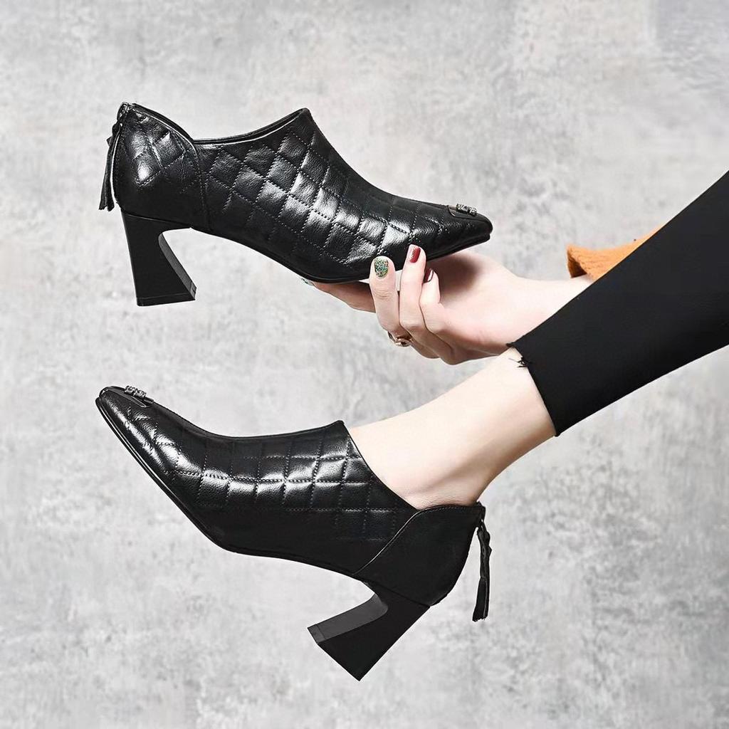 Ankle Boots New Small Fragrant Wind Rhombus Pattern Iron Bag Pointed Deep Mouth Women's Shoes First Layer Cowhide Temperament High Heels