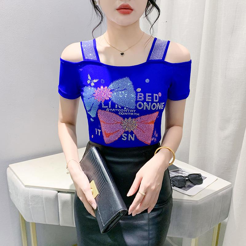 

Новая футболка с короткими рукавами из сетчатой ткани с ромбовидной инкрустацией Heavy Industry, облегающая и универсальная рубашка-пуловер с открытыми плечами для женщин 3XL синий