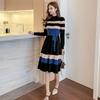Koreańska moda Elegancki sweter z dzianiny Casual Dress Długi rękaw Lace-Up High End Stretch Knit Vintage Stripe Sukienki