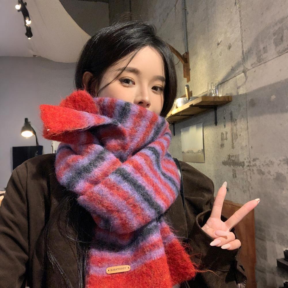 Winter thickened velvet, cold-proof, warm, comfortable and breathable scarf, simple and versatile striped jacquard neck protection scarf