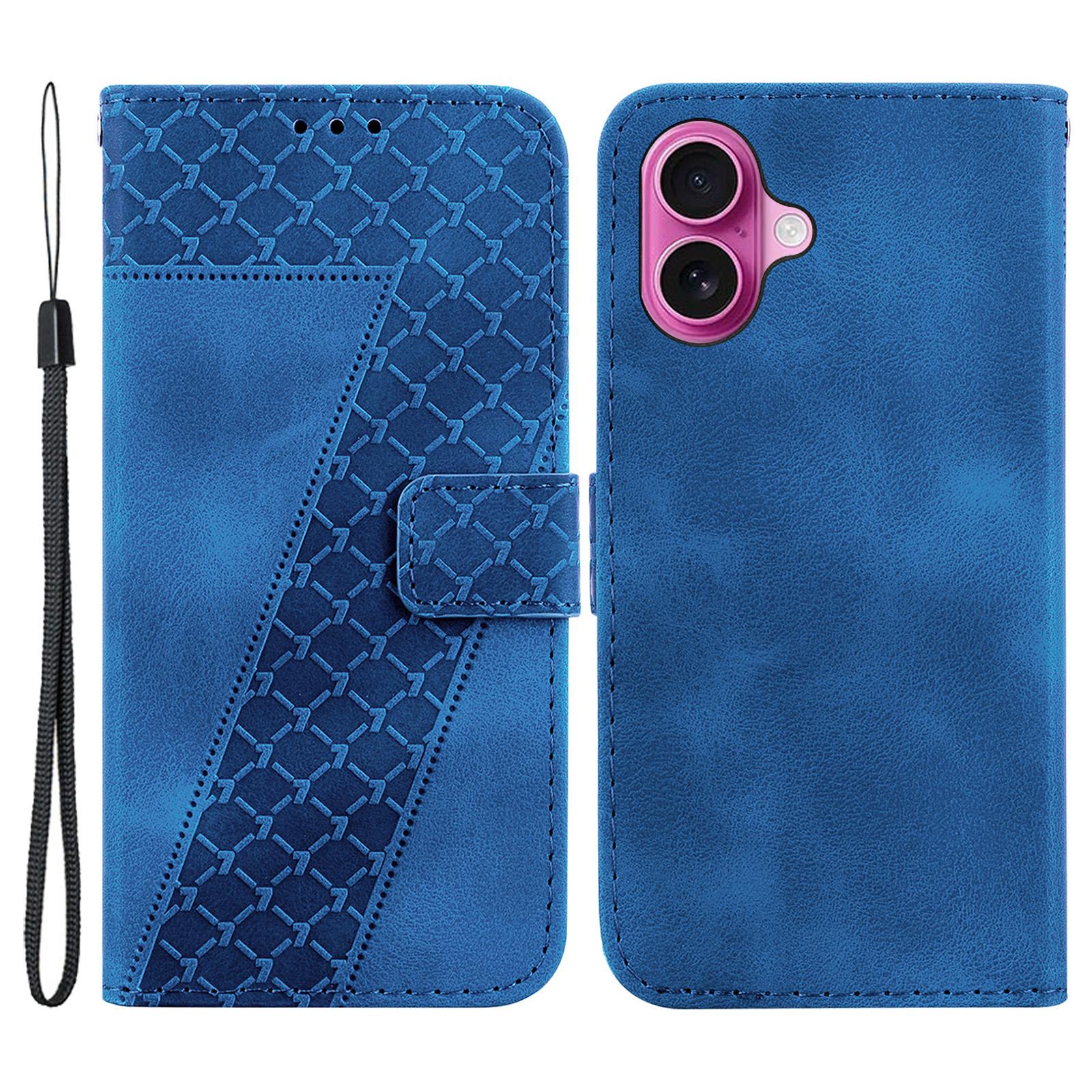 

For iPhone 16 Plus Case 7-Shaped Pattern Leather Shockproof Phone Cover Dark Blue