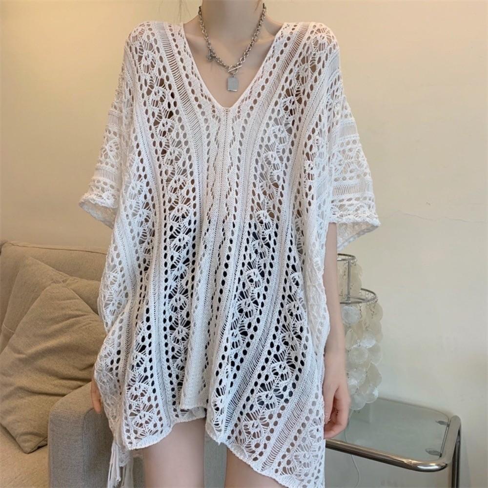 Crochet Sweater Knitted Bikini Cover Up V-neck Beach Wear Hollow Out Swimsuit Cover Up  Summer