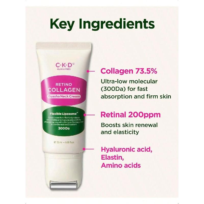 CKD Retinol Collagen Neck Cream With Gua Sha Massage Roller 50ml, Anti-Aging Firming Cream For Neck Jawline Lifting And Décolleté Wrinkle Care