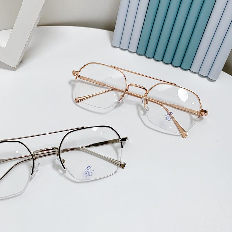 Men's Retro Double Bridge Half-Frame Rimless Anti-Blue Light Prescription Glasses
