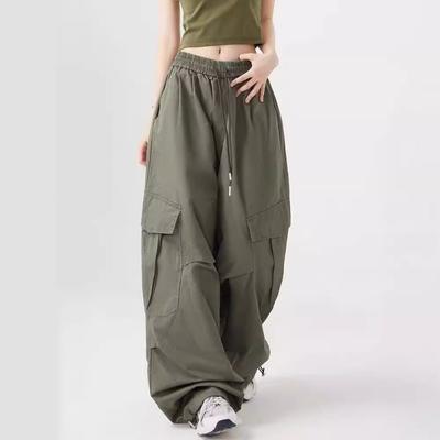 Spring Autumn Elastic Waist Loose Casual Pocket Cargo Pants Women Simple Fashion Solid Color Straight Trousers