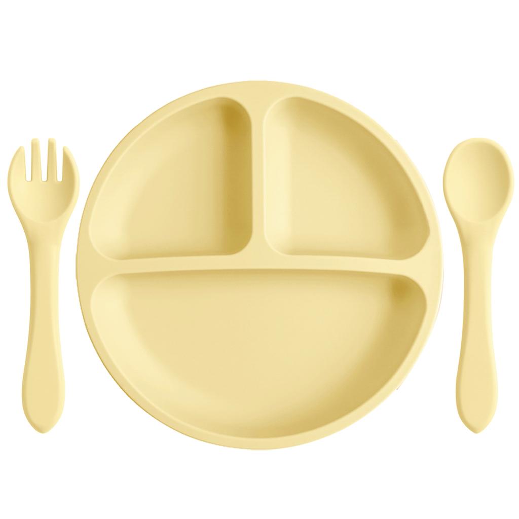 Color Kids 3PCS Silicone Baby Feeding Set Suction Plate Wooden Spoon Fork BPA Free Training Tableware Dish Bowl Gift Set