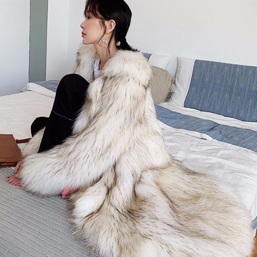 Winter New Imitation Raccoon Fur Coat Long Warm Woven Fox Hair Light Luxury Fur Coat Women