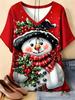 Women V‑Neck Short Sleeve T‑shirt Christmas Oil Painting Graphic Print Xmas Holiday Party Casual Daily Tee Top