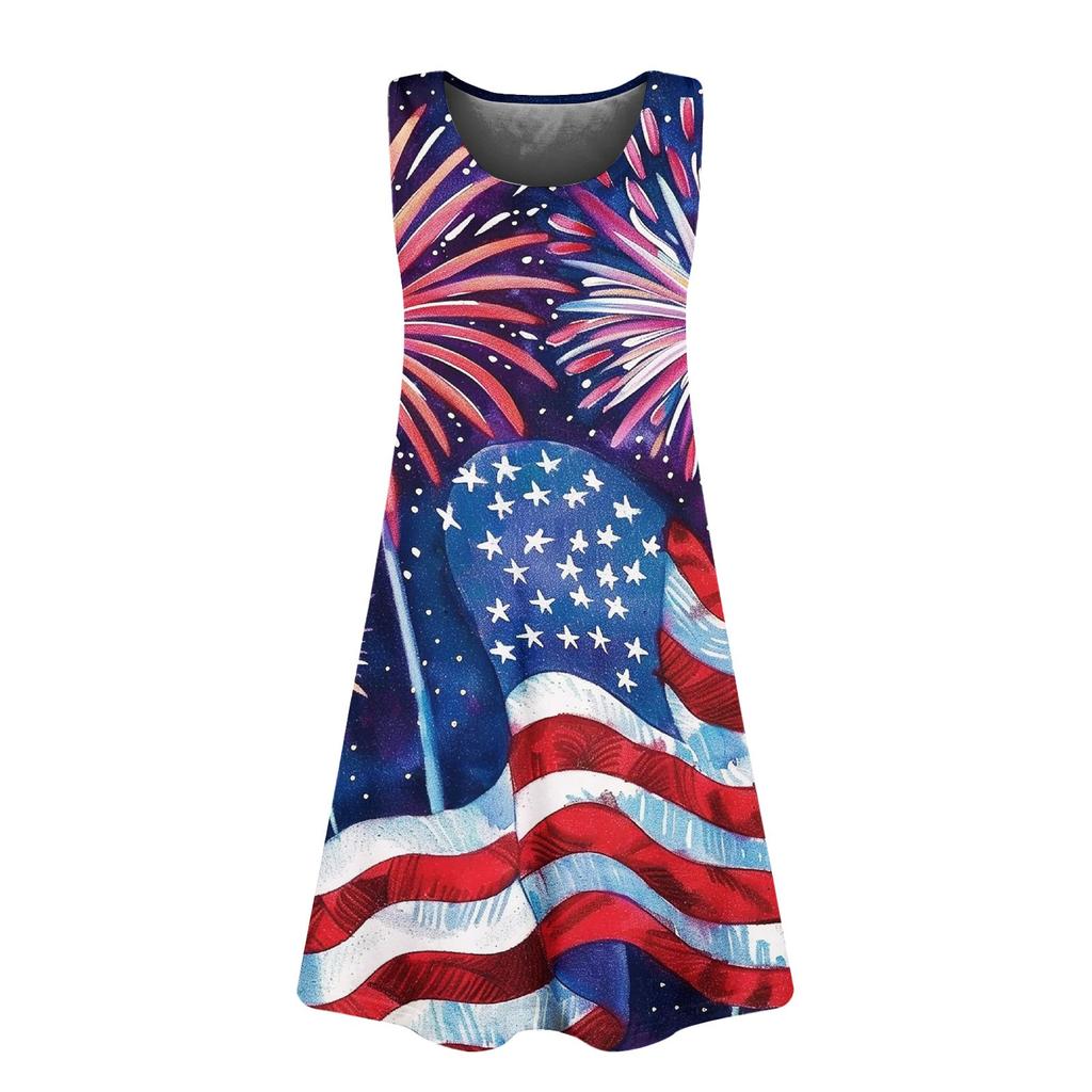 Women's Summer Casual Square Neck Independence Day Printed Dress Sleeveless Dress With Pockets