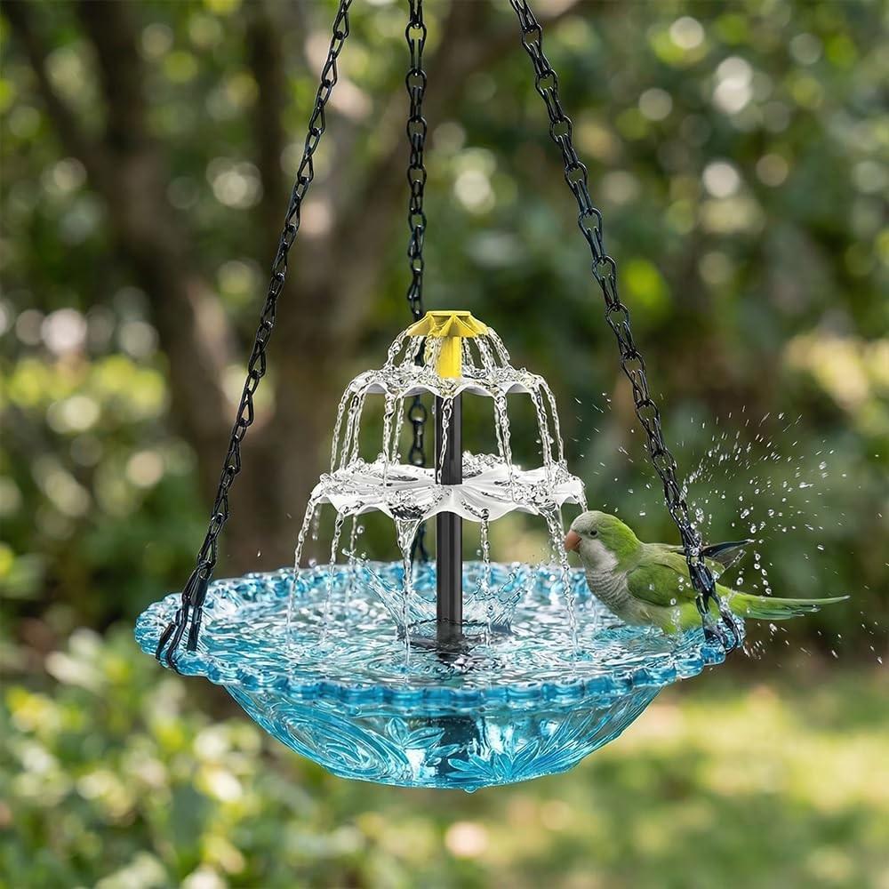 Solar Waterfall Hanging Bird Bath Fountain, Outdoor Bird Bath with Solar Pump and Glass Bowl
