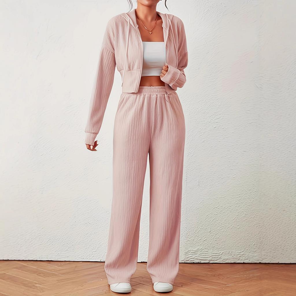 Women's Loose Rib Knit Two Piece Tracksuit Long Sleeve Zip Hoodie Elastic Waist Wide Leg Pants Matching Outfit