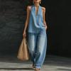 Damen Lässiges Zweiteiliges Outfit Ärmelloses Neckholder-Oberteil High-Waist Weitbeinige Jeans-Hosenanzug Für Lässiges Büro Sommer Tägliche Kleidung