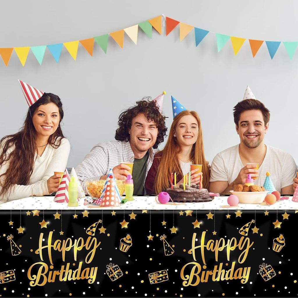 Ruisita 2 Pack Black Gold Table Cloth Cover Happy Birthday Tablecloth Party Tablecloths Rectangular Table Cloth Cover for Indoor or Outdoor Parties