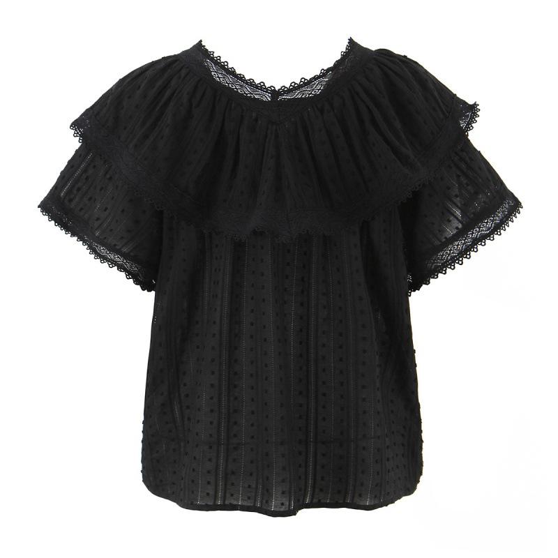 Timeless V-Neck Lace Trim French Ruffle Shirt – Sweet, Small, 2026 Style with Two Color Options, Short Sleeves