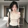 Korean Retro Fake Two-piece Slanted Shoulder Straps Short-sleeved T-shirt for Women's Senior Sense and Thin Spice Girl Wind Off-the-shoulder Top