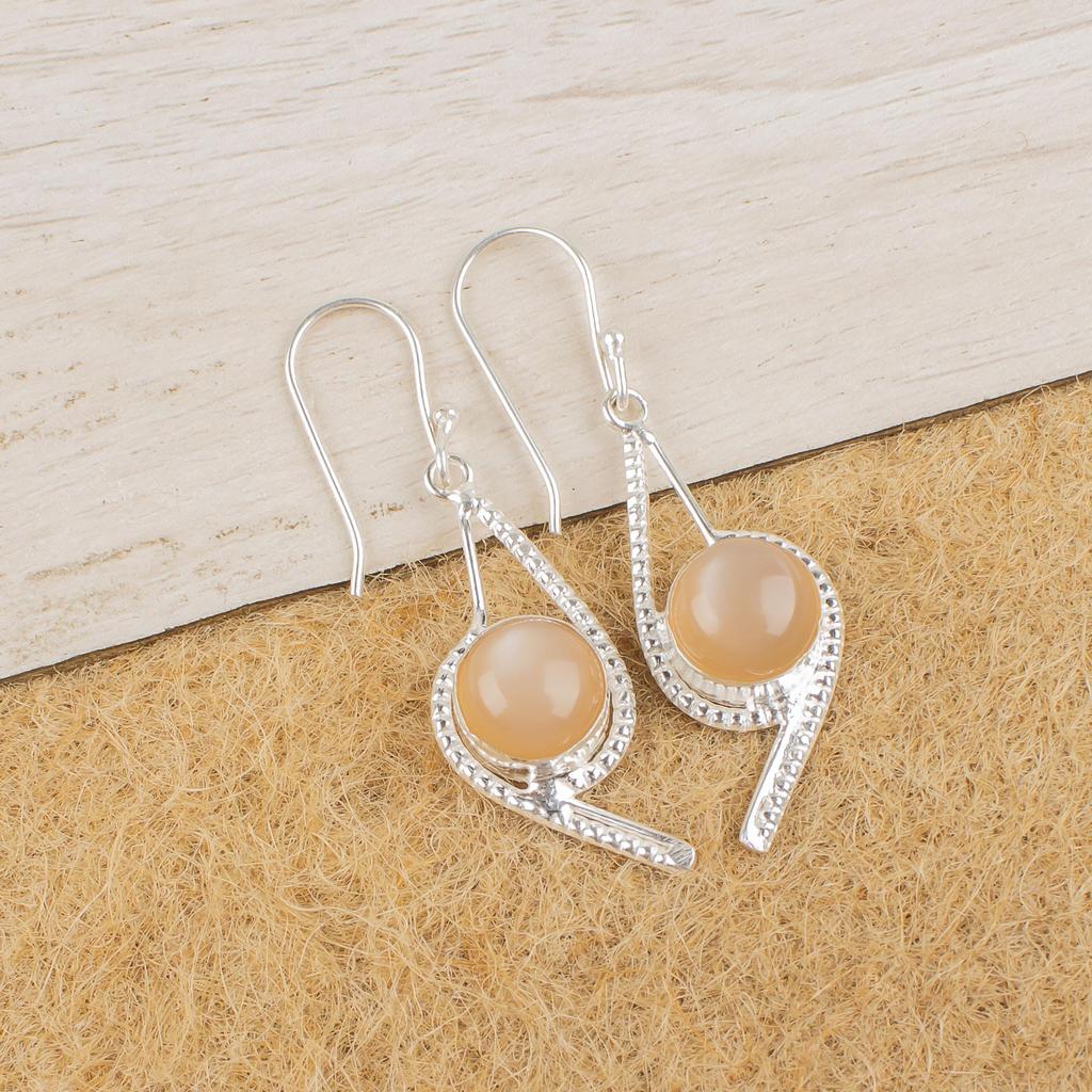 Peach Moonstone Gemstone Jewelry, 925 Solid Sterling Silver Earrings, Handmade Meditation Earrings For Wedding Gift