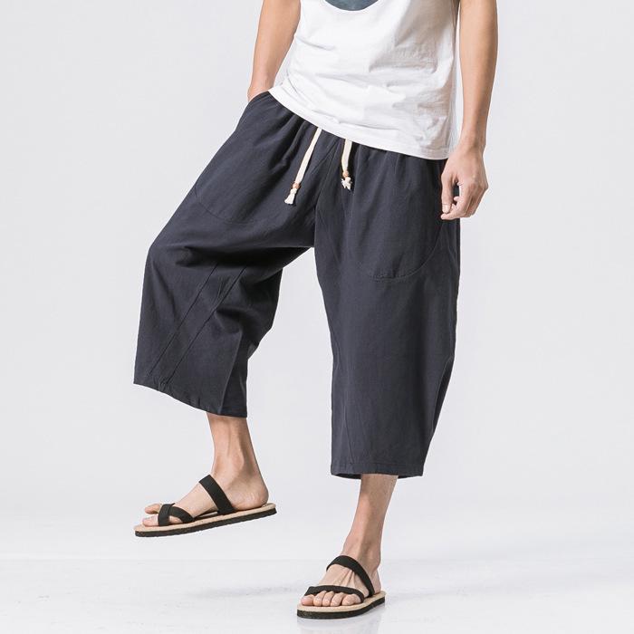 Men's Summer Loose Fit Linen Capri Pants - Solid Color, Plus Size, Chinese Style Casual Trousers