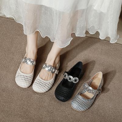 Gewebte Hohlschuhe Nische Netz Zehenschuhe Metallschnalle Einriemen Damenschuhe Runde Zehenpartie Flache Mary Jane Schuhe