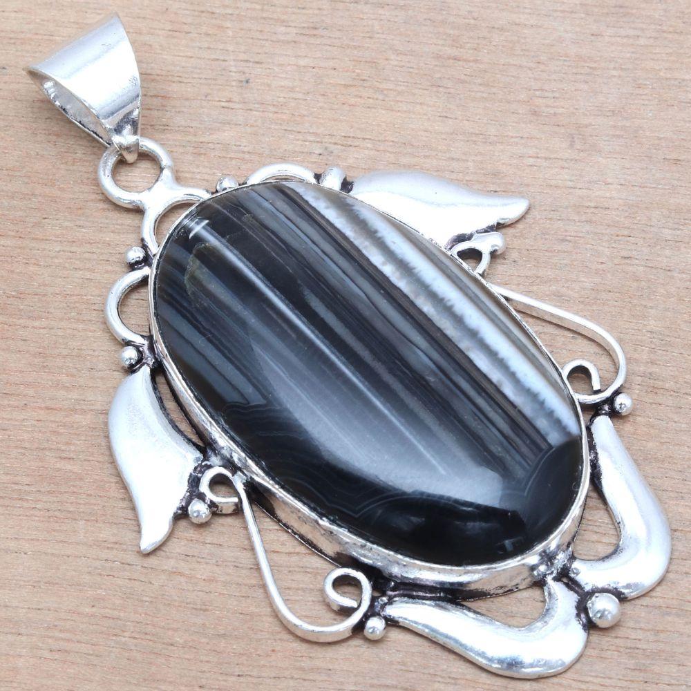 Pendant Grey Botswana Agate Gemstone Mother's Day Gift Silver Jewelry 2.25"