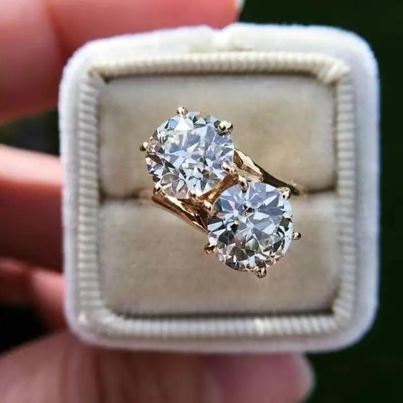 Huitan New Wedding Rings with Two Cubic Zirconia Gold Color Band Luxury Trendy Women Accessory Party Engagement Proposal Jewelry
