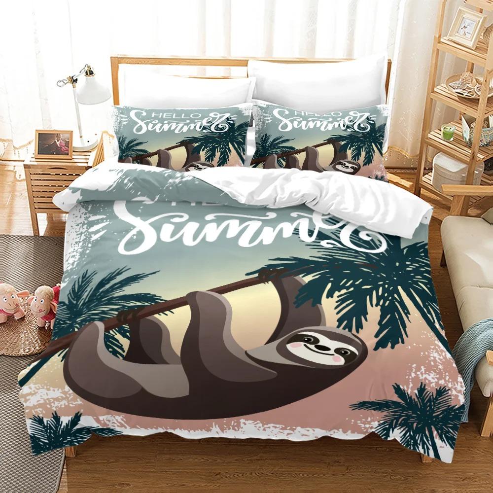 Faultier Bettbezug-Set Baumbewohnendes Säugetier Schläft auf Ast im Wald Faule Stimmung Entspannendes Thema Dekorative Polyester-Bettwäscheset